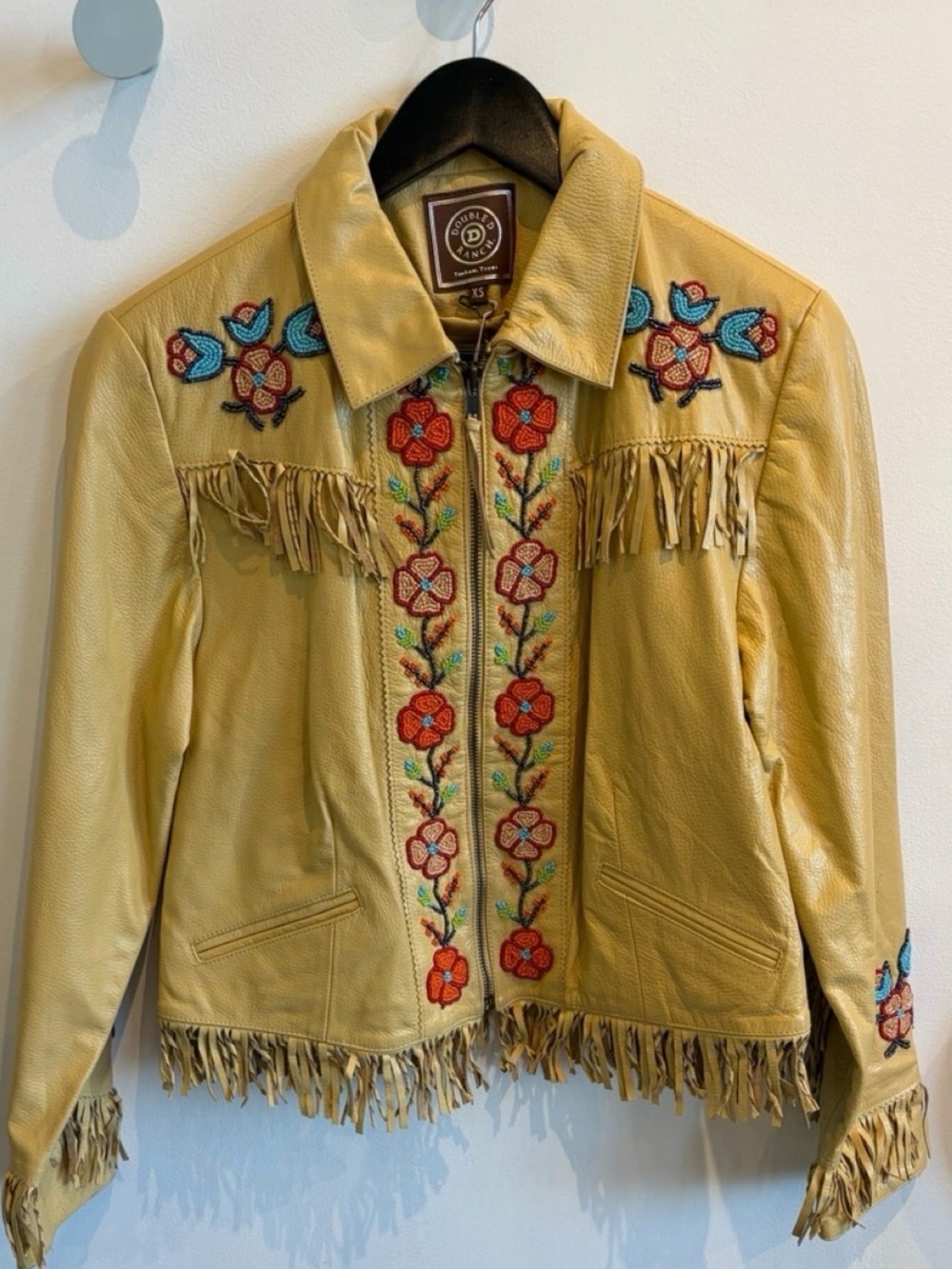 Double D Ranch Leather Fringe Jacket beautiful floral beading RTL $1095 XS EUC